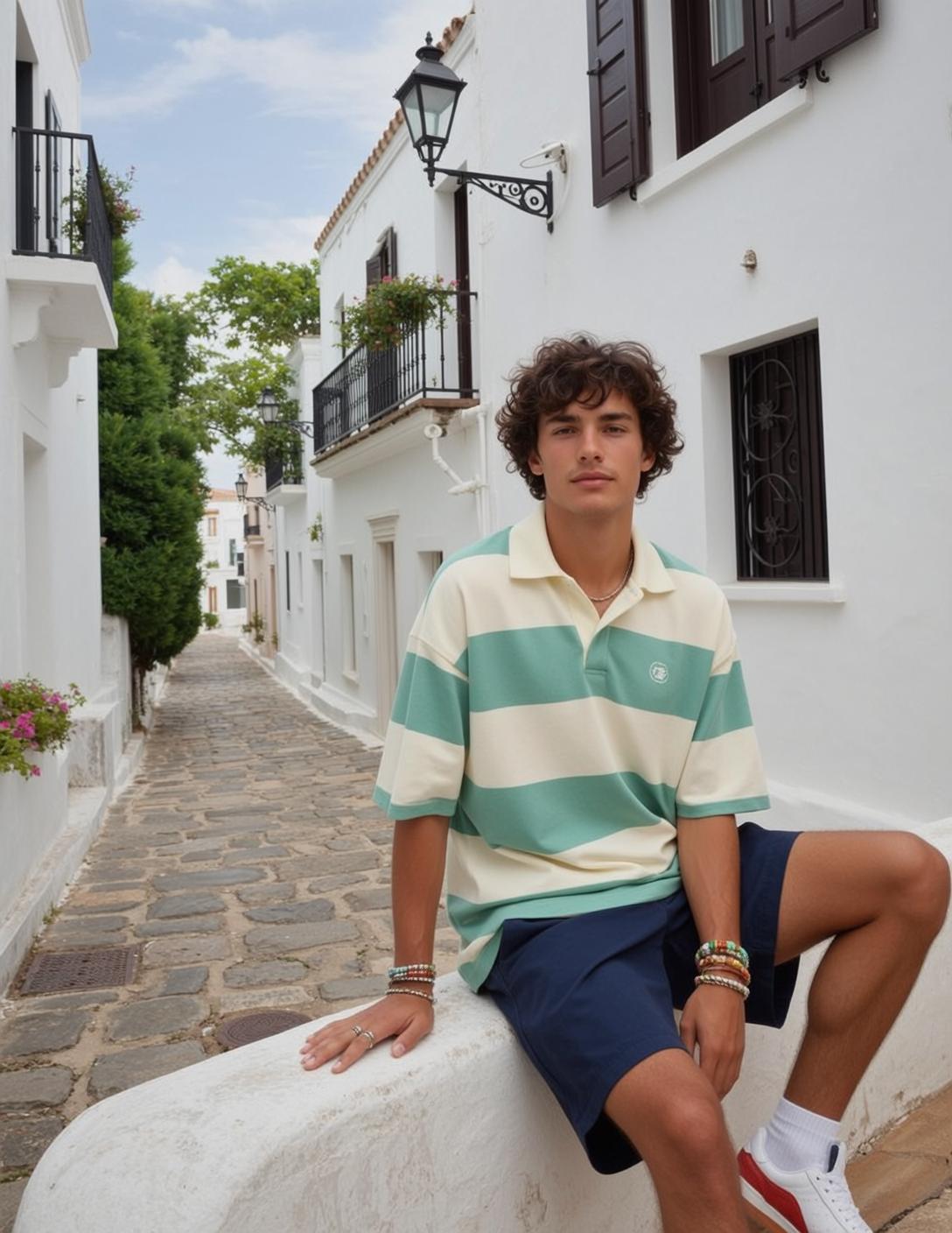 Young Dark Curly Light Striped Polo Shirt reference photo