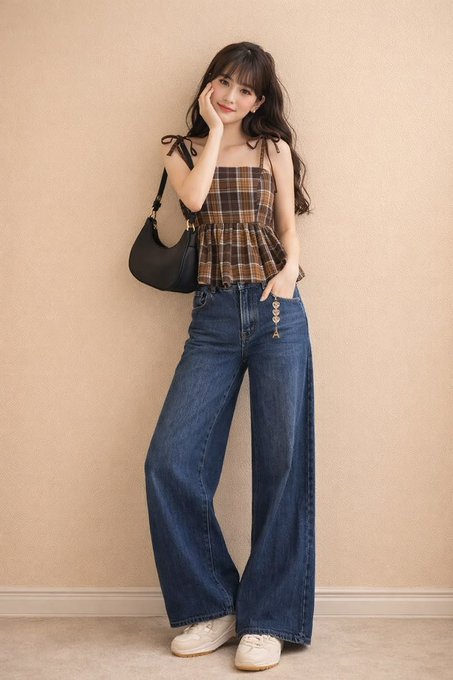 A model in a plaid camisole and wide leg jeans, standing against a light beige wall, accessorized with a gold Eiffel Tower charm.