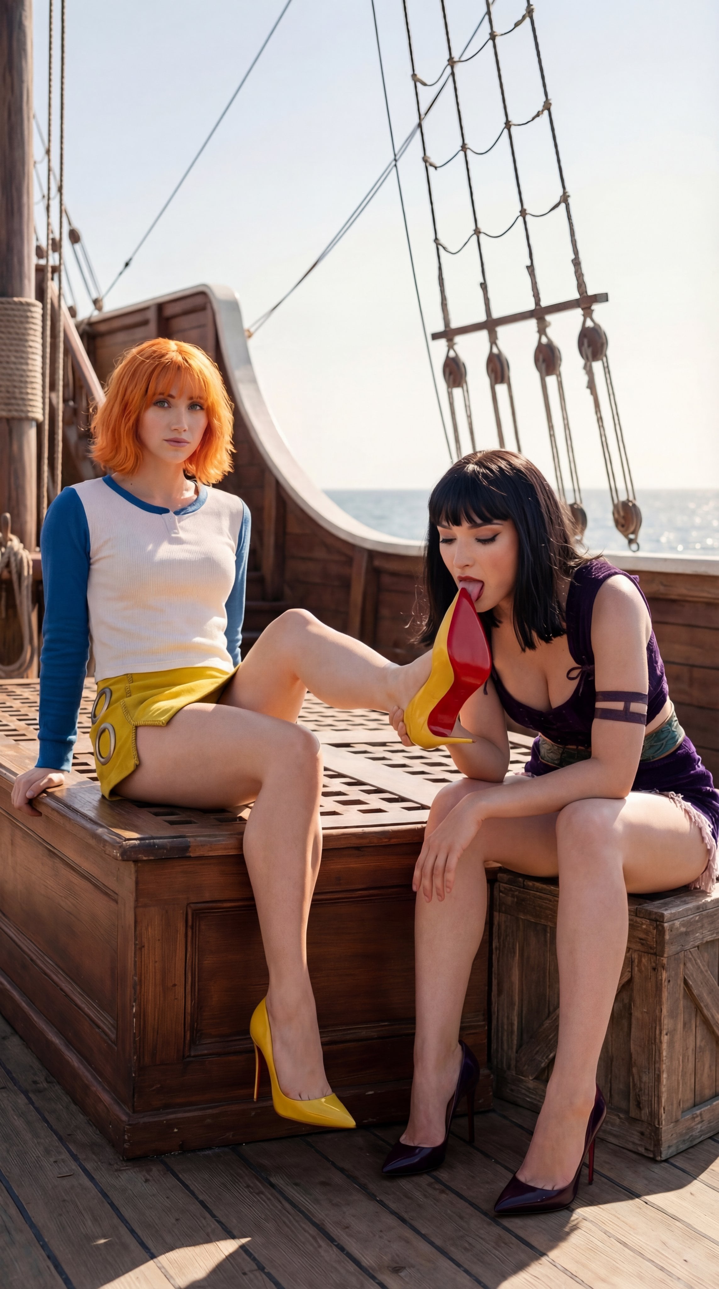 Elegant editorial photo of Nami and Robin lookalikes in luxury outfits on the Going Merry.