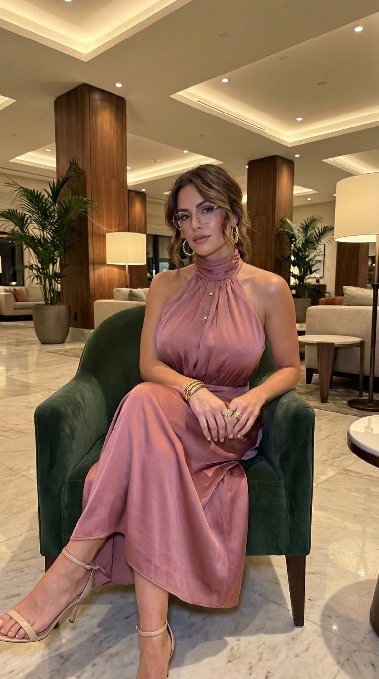 A woman in a dusty rose satin dress sits gracefully in a green velvet armchair, surrounded by elegant hotel lobby decor.