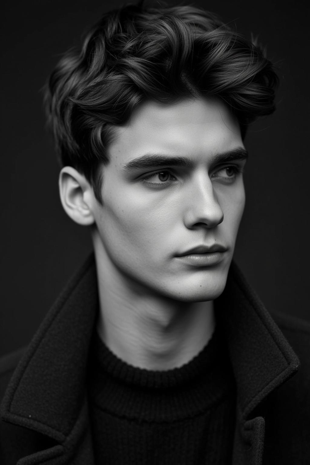 Photorealistic Black And White Medium Close-up Portrait Young Man Looking reference photo
