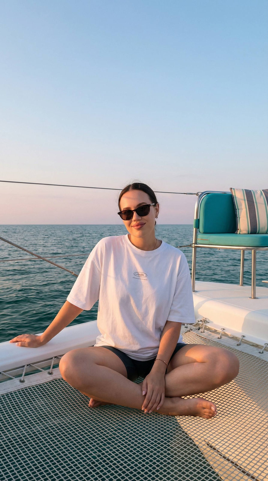 Yacht Deck Golden Hour Relaxed Pose Blue Sea
