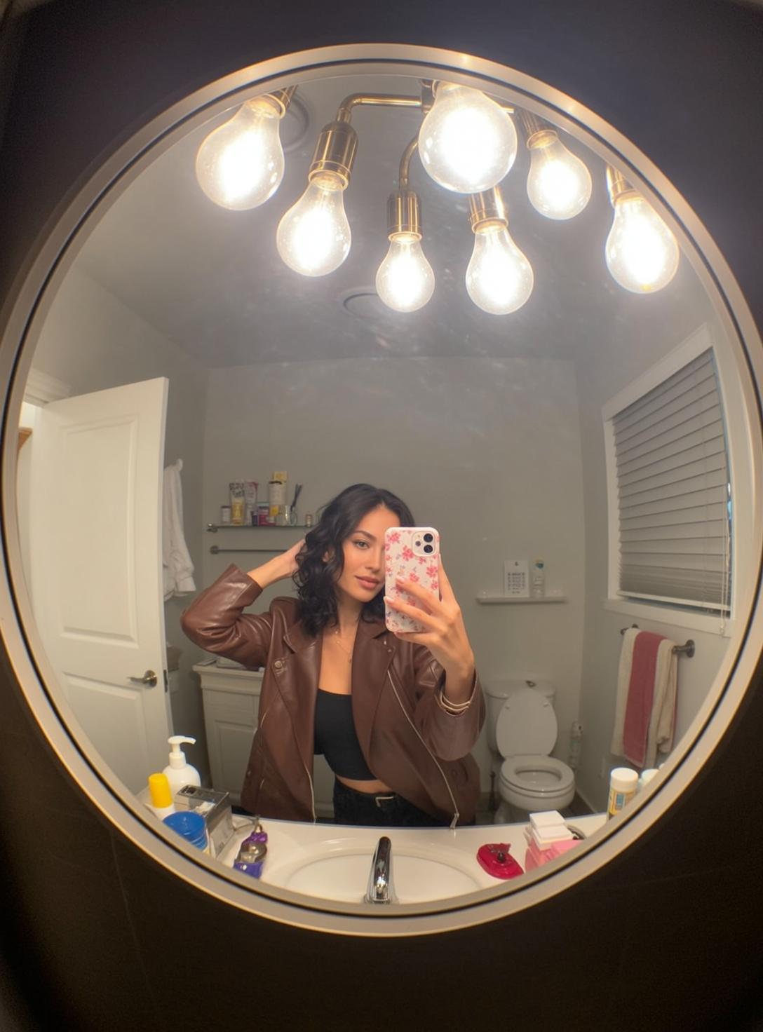 Leather Jacket Bathroom Mirror Selfie reference photo