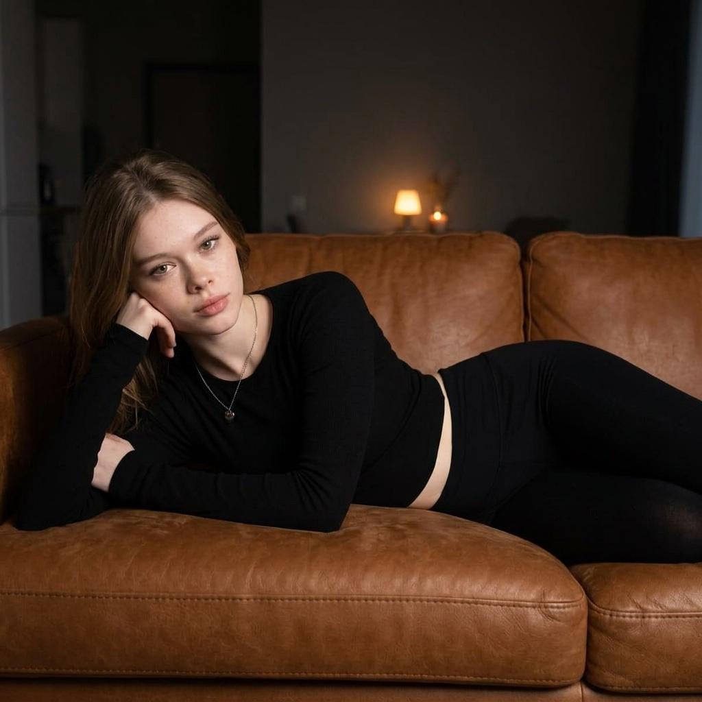 Black Long Sleeved Crop Top And Black In Leather Sofa reference photo