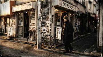 A person wearing a dark beanie and oversized black coat walking through a weathered urban alley in Japan during golden hour, warm light illuminating the scene.
