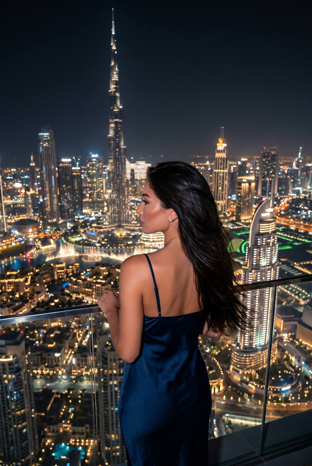 A silhouette of a woman in a sleek dress against the illuminated Dubai skyline viewed from a high vantage point.