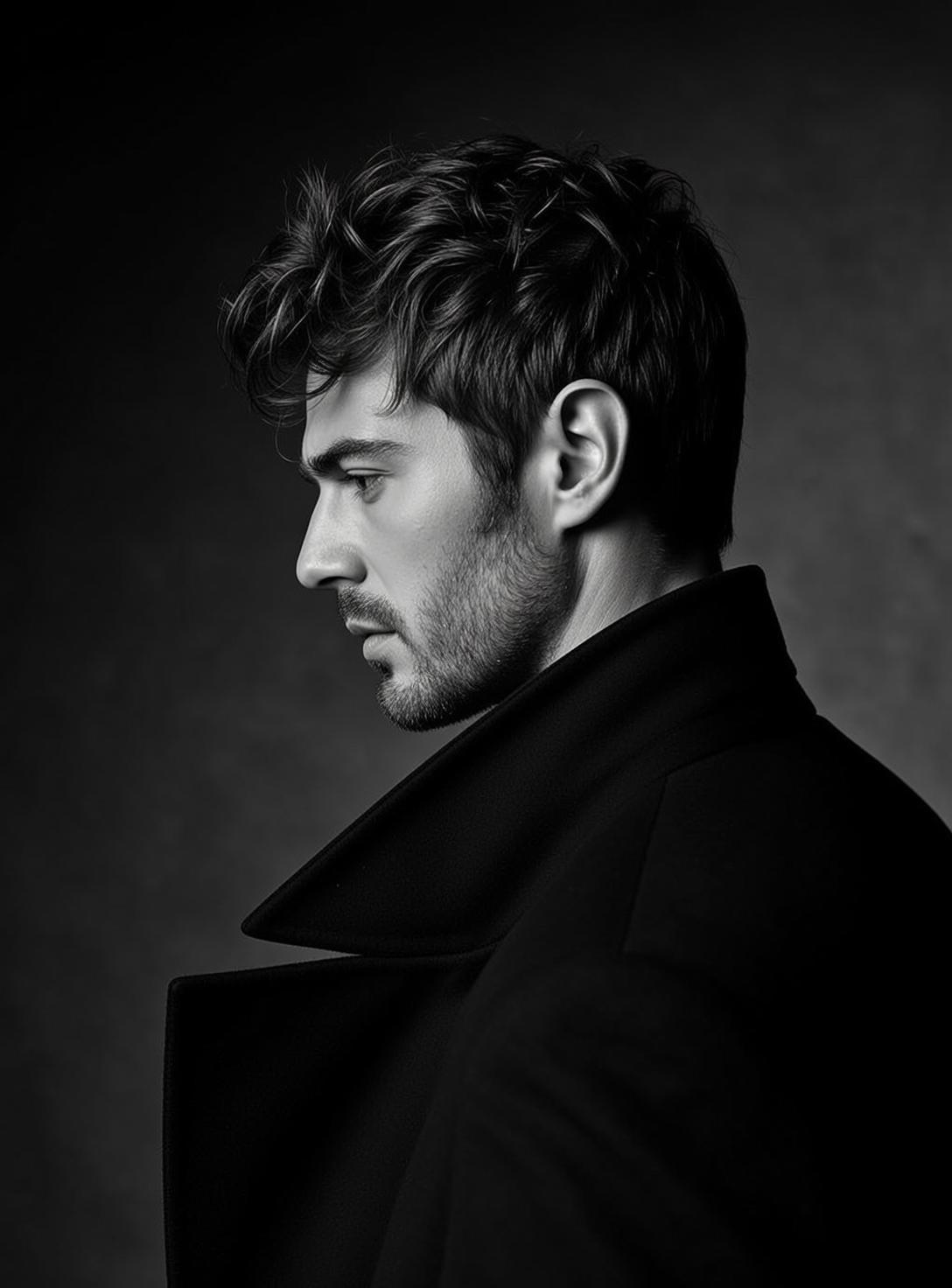 Photorealistic Black And White Medium Shot Portrait Young Man Profile reference photo