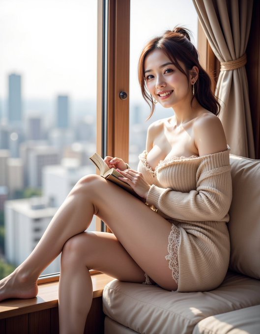 Woman in an off-the-shoulder beige sweater dress sitting by a sunlit window, holding a book.