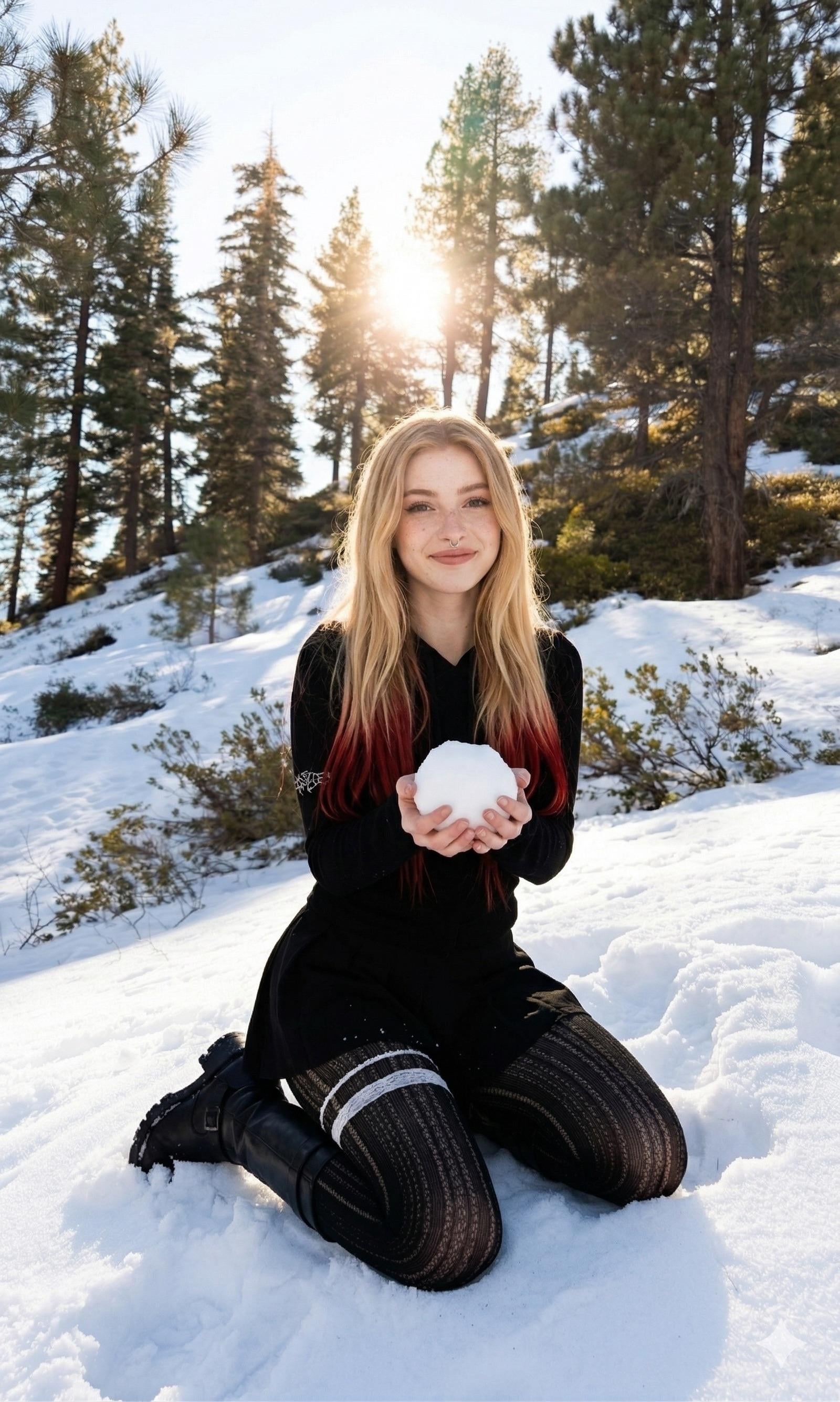 Kneeling In Snow Holding Snowball Velvet Dress