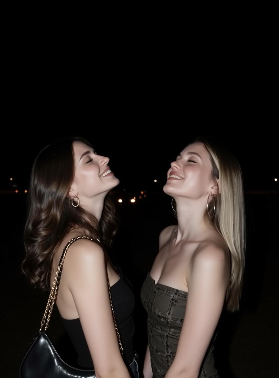 Two Young Women Laughing Outdoors At Night reference photo