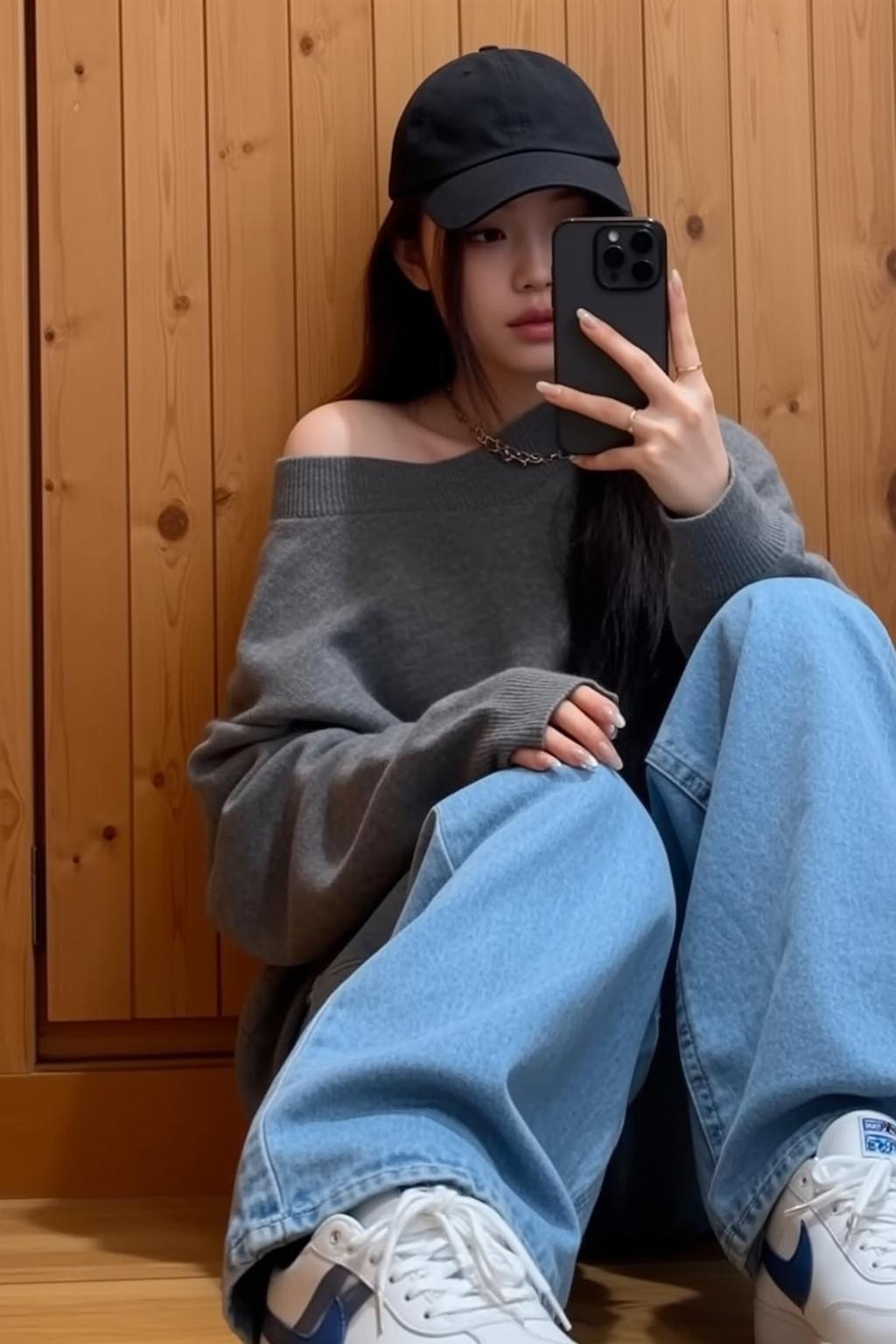 Grey Sweater Mirror Selfie reference photo