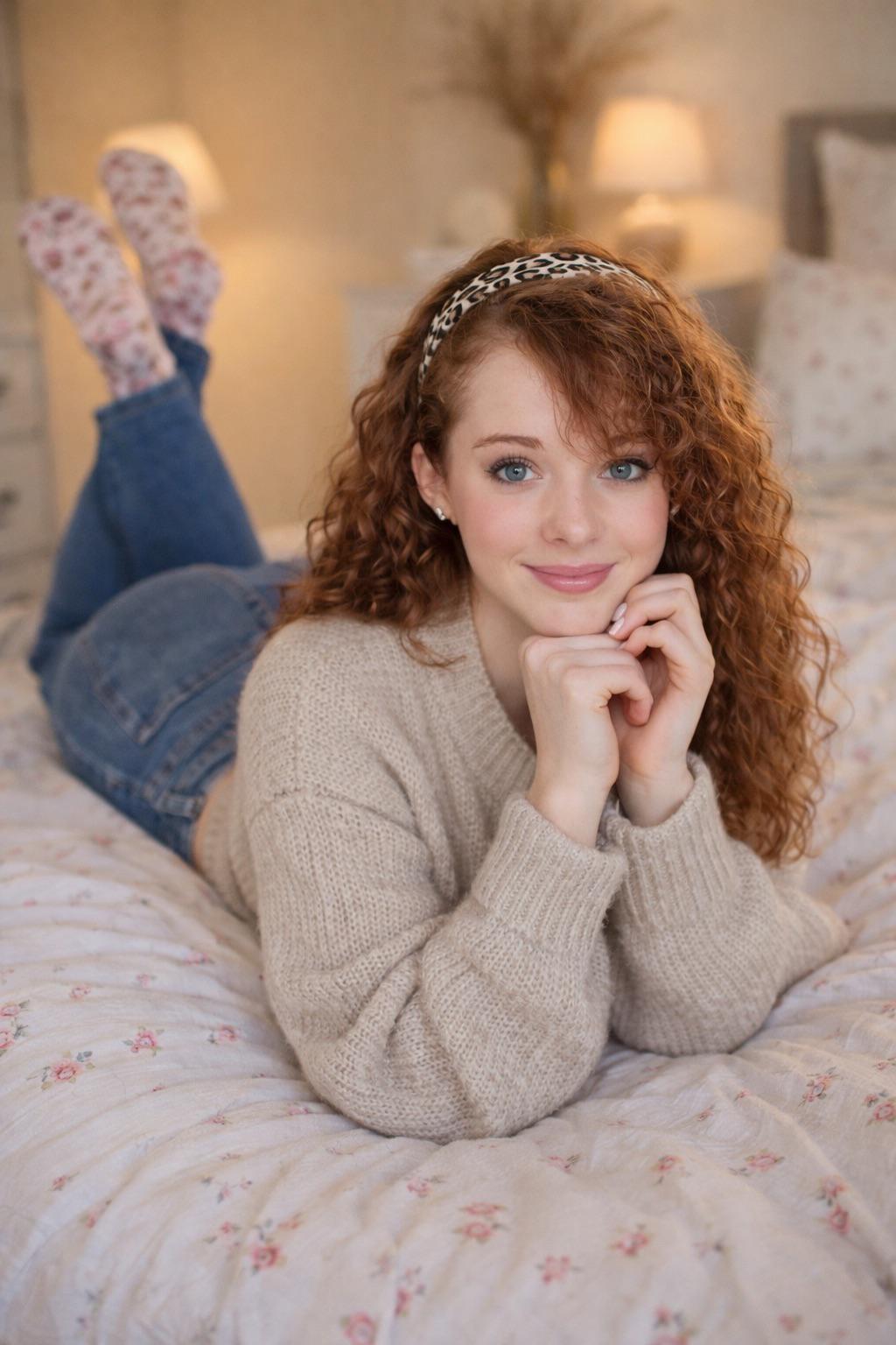 Hourglass Figure In Floral Bed Cozy Sweater And Jeans reference photo