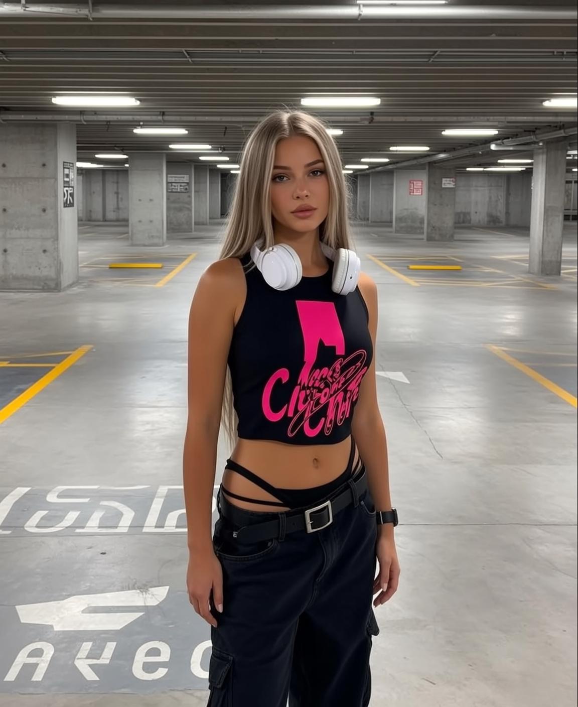 Parking Garage Blonde In Black Crop Top reference photo