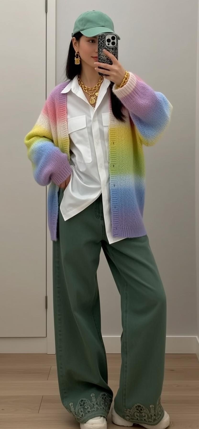 Rainbow Cardigan Green Pants Selfie reference photo