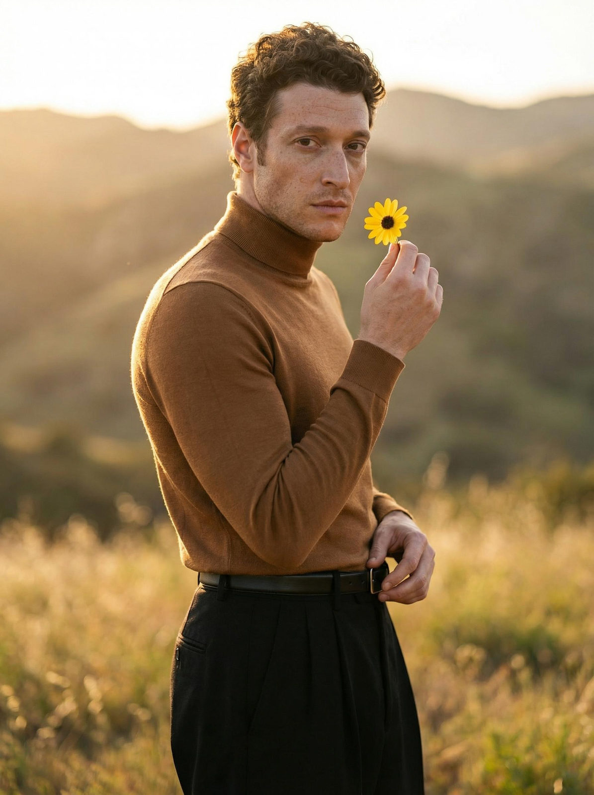 Realistic Man Sunset Portrait Flower