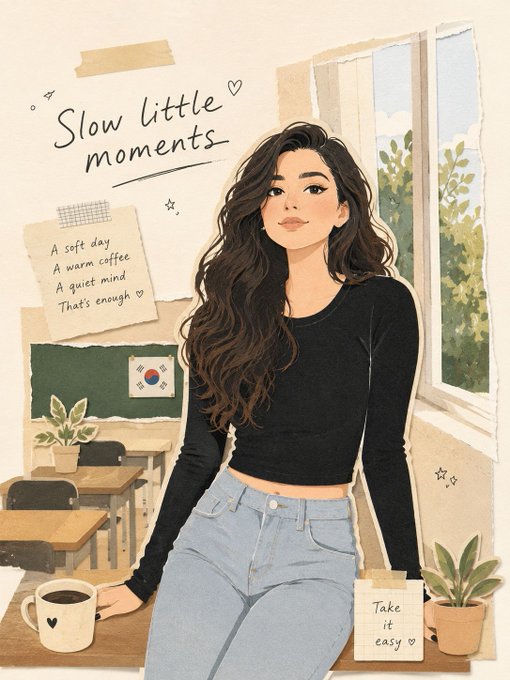 Digital illustration of a person in a black crop top and denim jeans sitting at a desk with a mug and plant, in a cozy classroom setting.