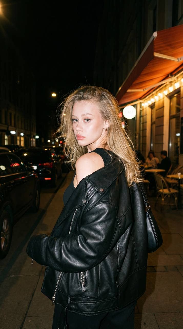 Night Street Girl Turning Back Leather Jacket