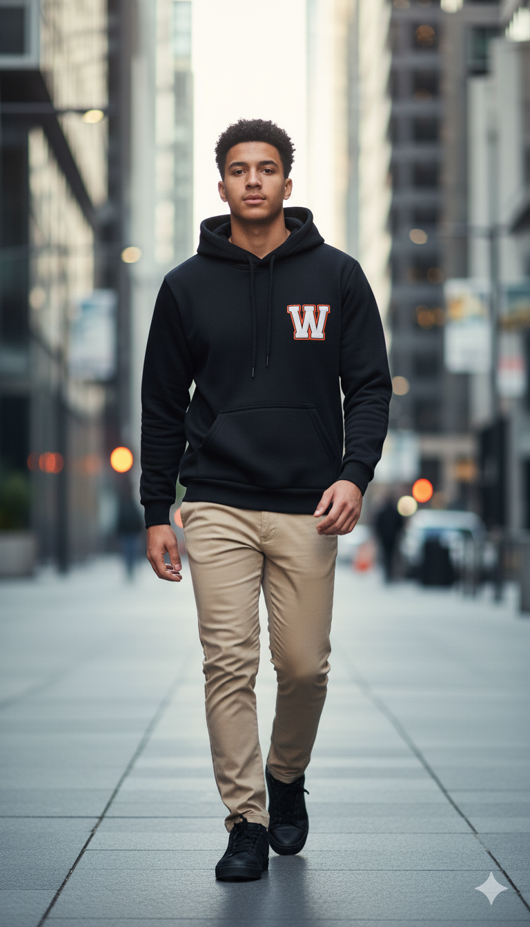 A confident young man in a black hoodie with an orange patch walks on a modern city sidewalk, showcasing stylish cargo pants and cool urban aesthetics.