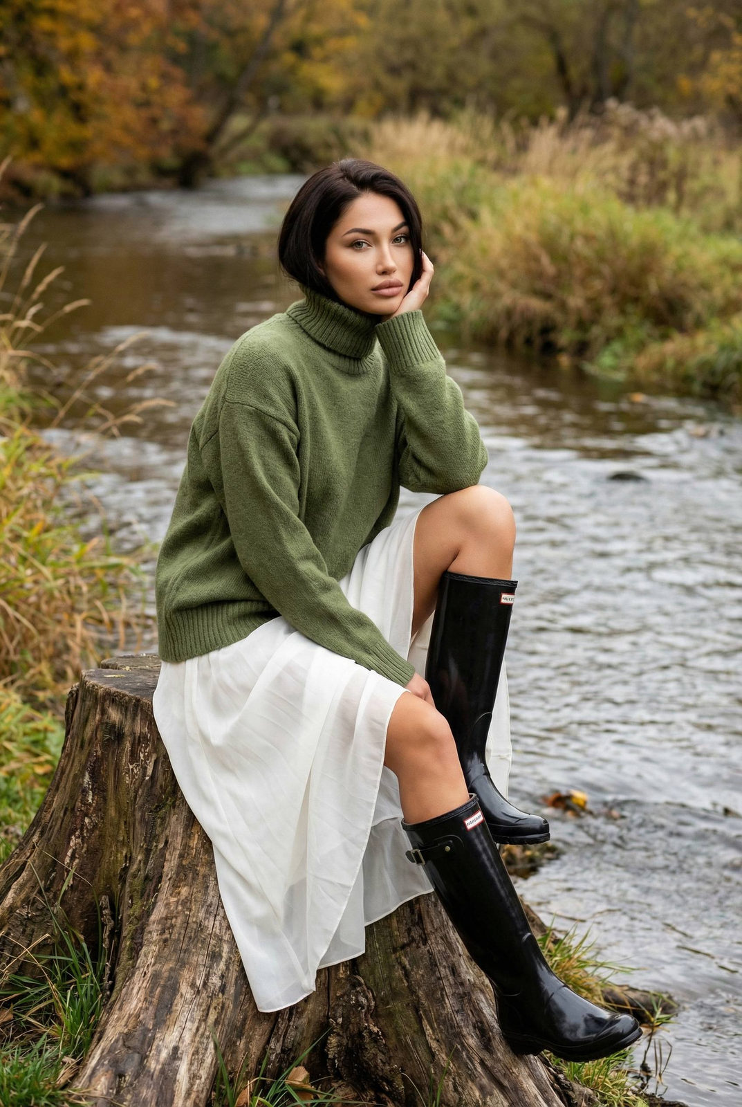 Autumn River Stump Portrait Moss Green Sweater