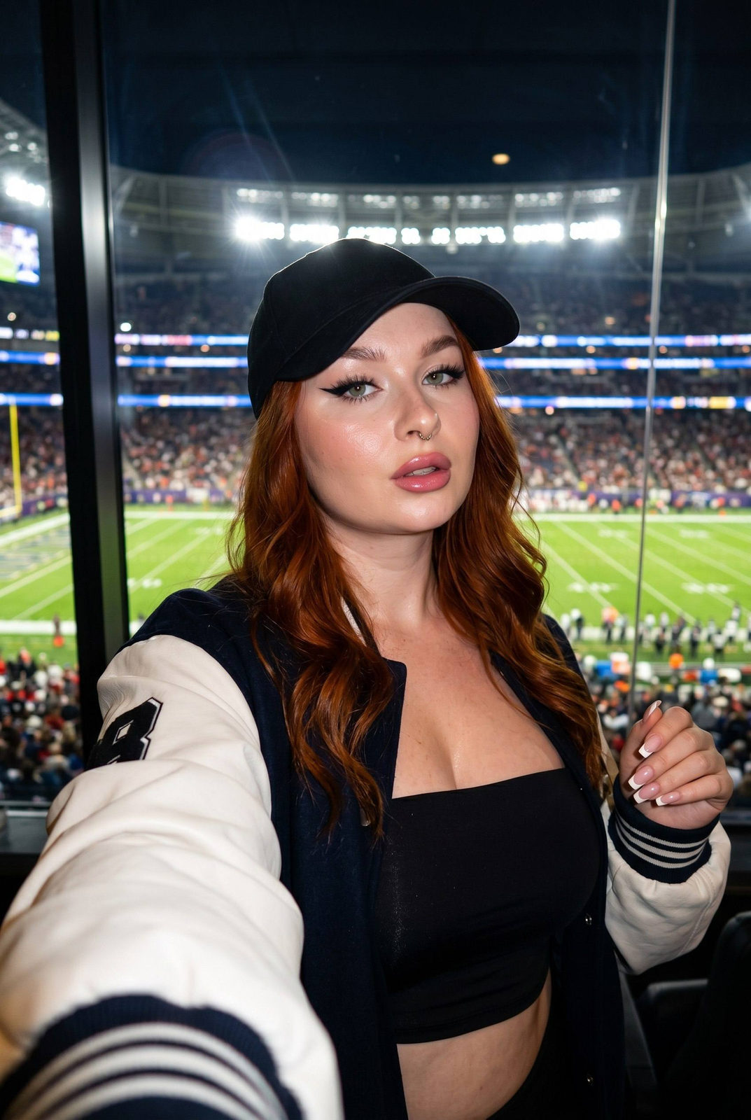 A beautiful woman in a varsity bomber jacket taking a selfie in a luxurious stadium VIP suite, bright lights illuminating her features.