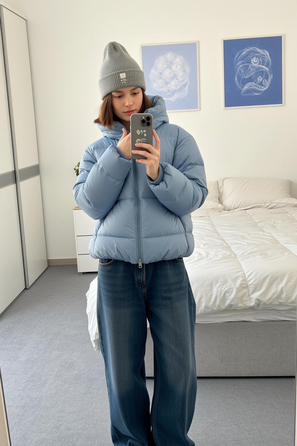 Woman Takes Selfie In Puffy Blue Jacket reference photo