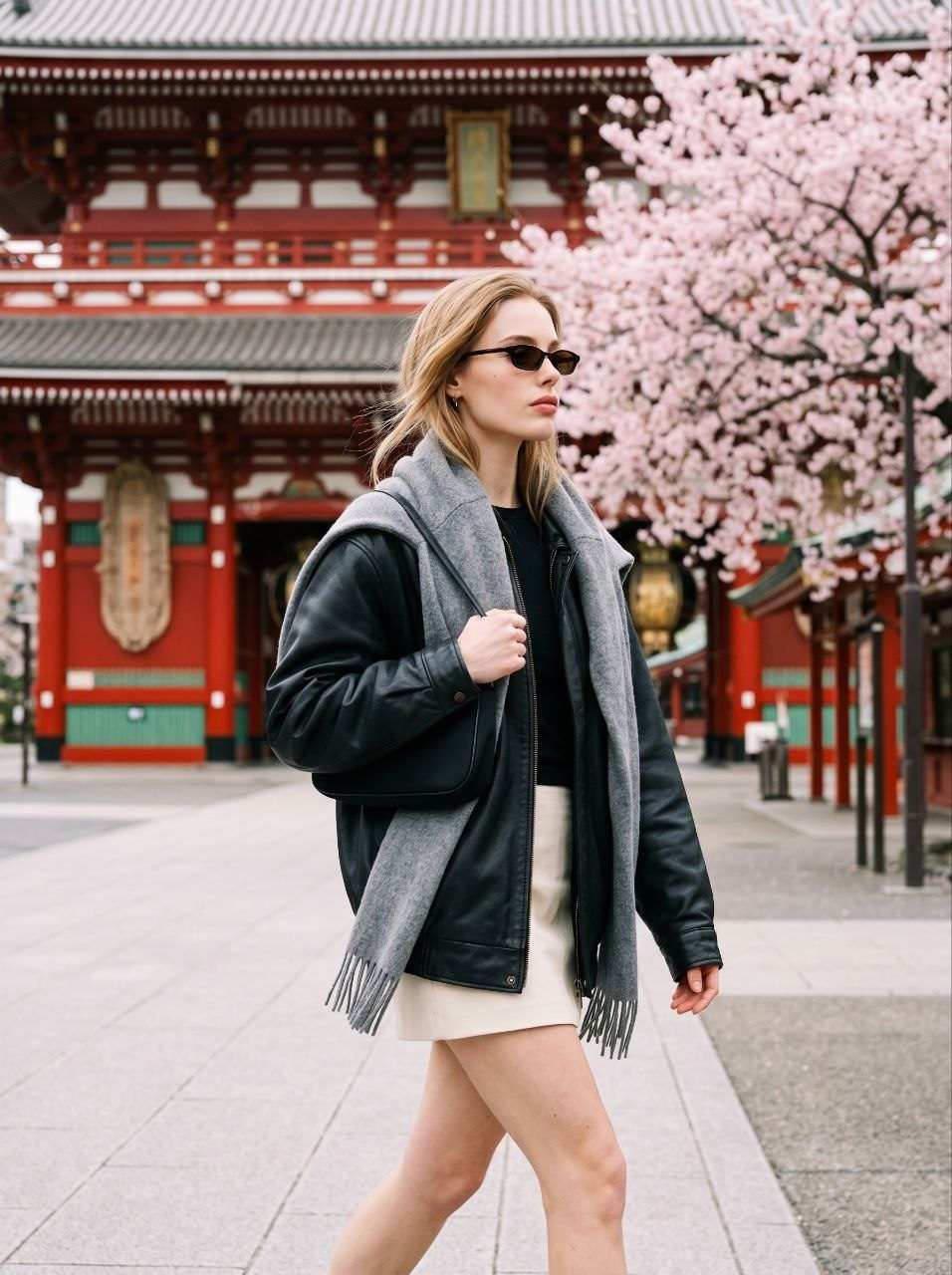 Girl Walking Mid Step Black Leather Jacket Cream Skirt
