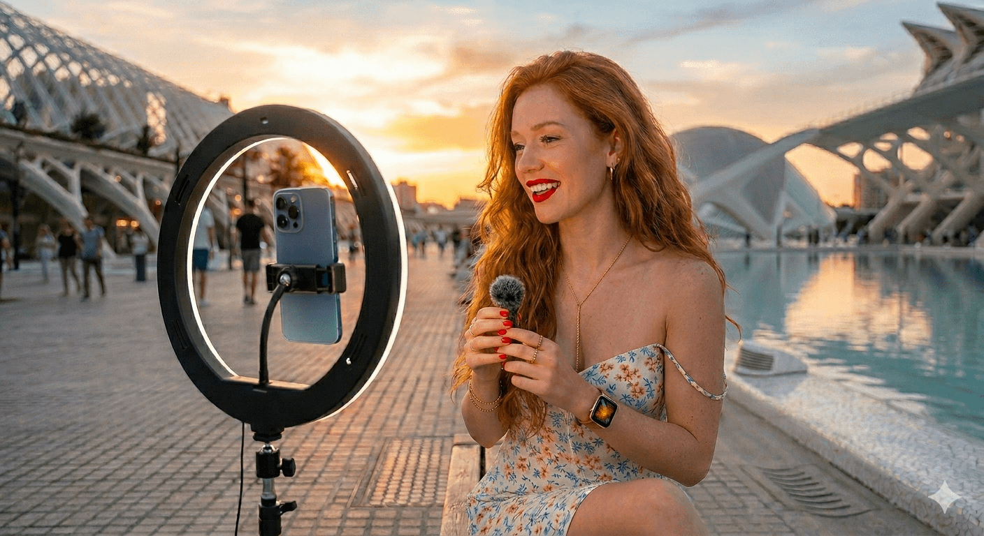 Influencer in a vibrant short summer dress sitting in front of the City of Arts and Sciences, vlogging with a ring light.
