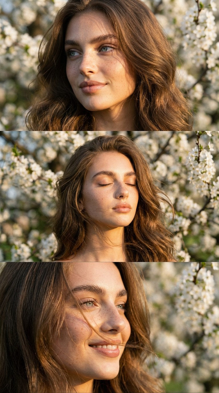 Photorealistic Vertical Fused Collage Three Frames Blooming Tree