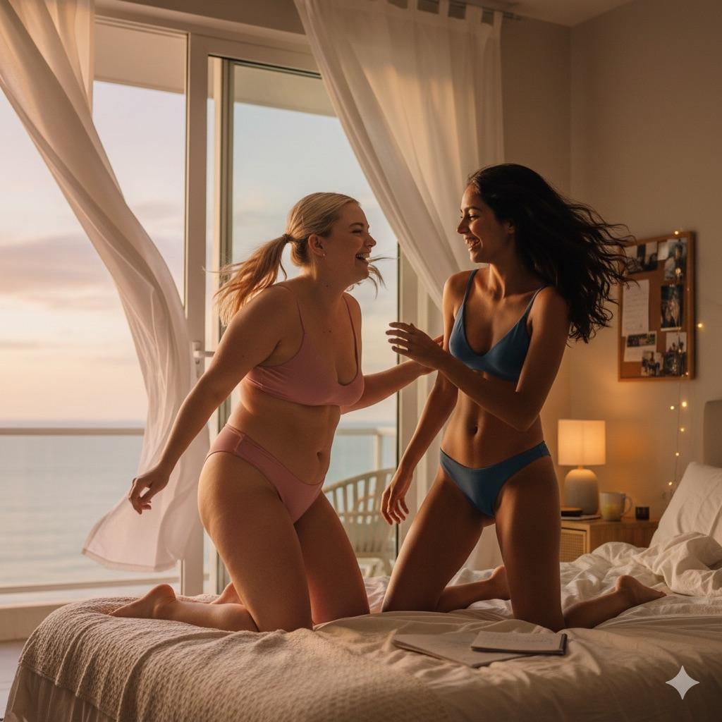 Realistic Student Bedroom Golden Hour Two Women