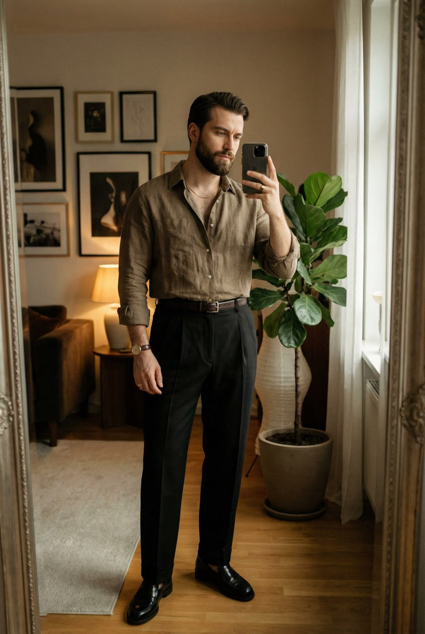 Realistic Man Mirror Selfie Quiet Luxury Interior