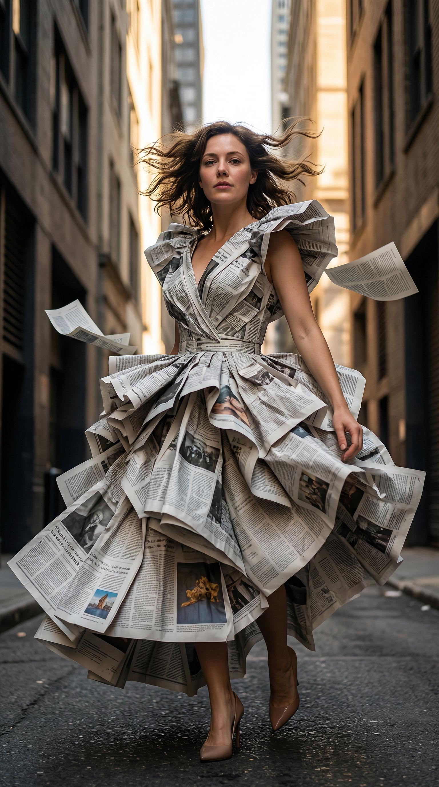 Avant Garde Newspaper Dress Dynamic Motion Elegant Heels