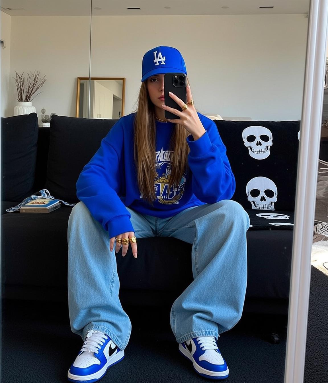 Blue Sweatshirt Selfie On Couch reference photo