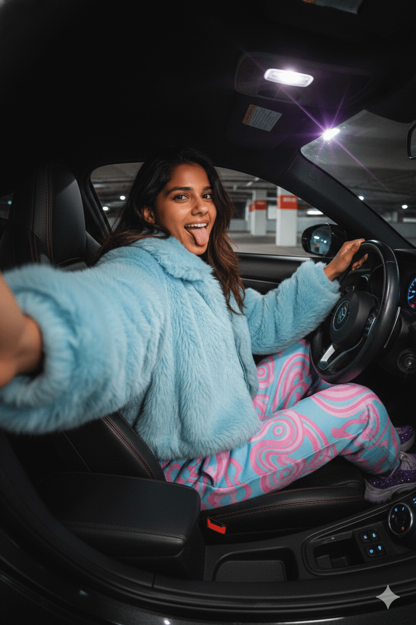 Blue Fur Jacket Selfie Parking Garage Low Angle