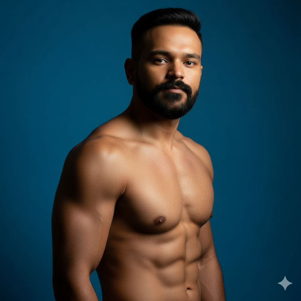 A hyper-realistic portrait of a shirtless man showcasing defined muscles, turned semi-profile against a soft teal background.