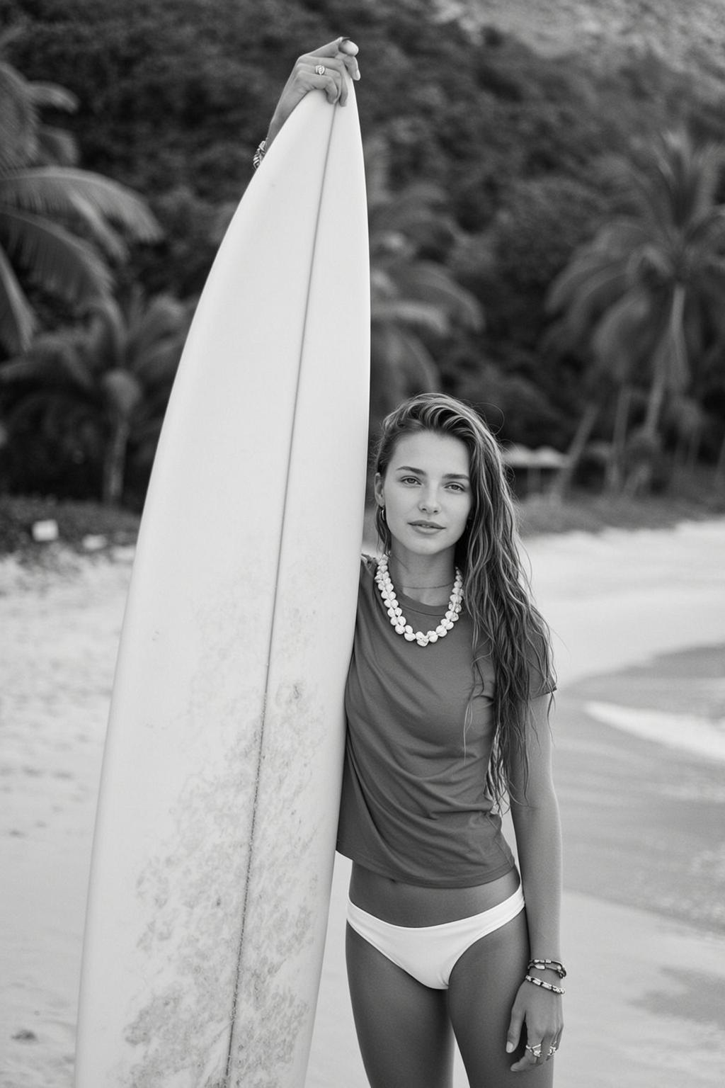 Young Woman With Long Wavy Wet Brown Hair Stands Sandy reference photo