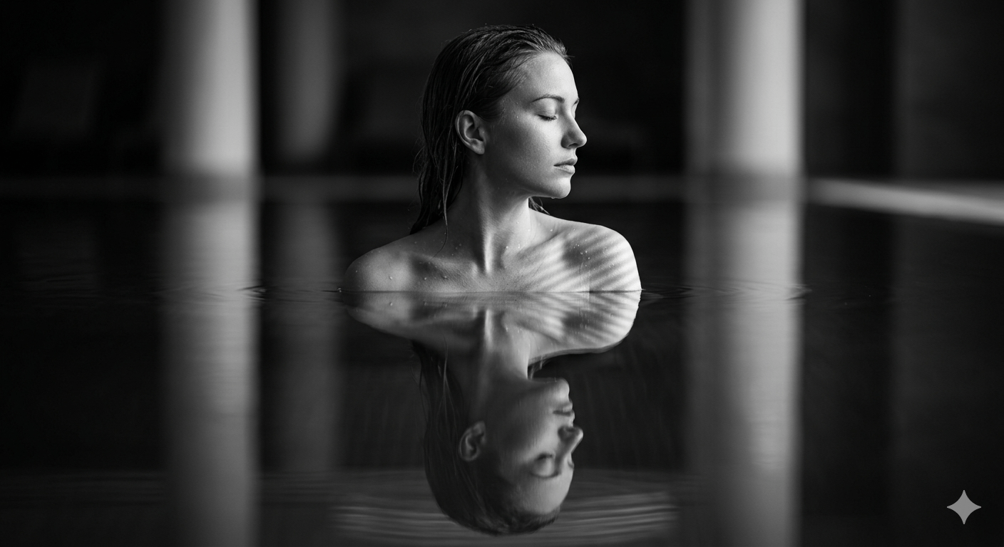 A woman immersed in calm water, half-closed eyes, and elegant hair with reflections creating a serene composition.