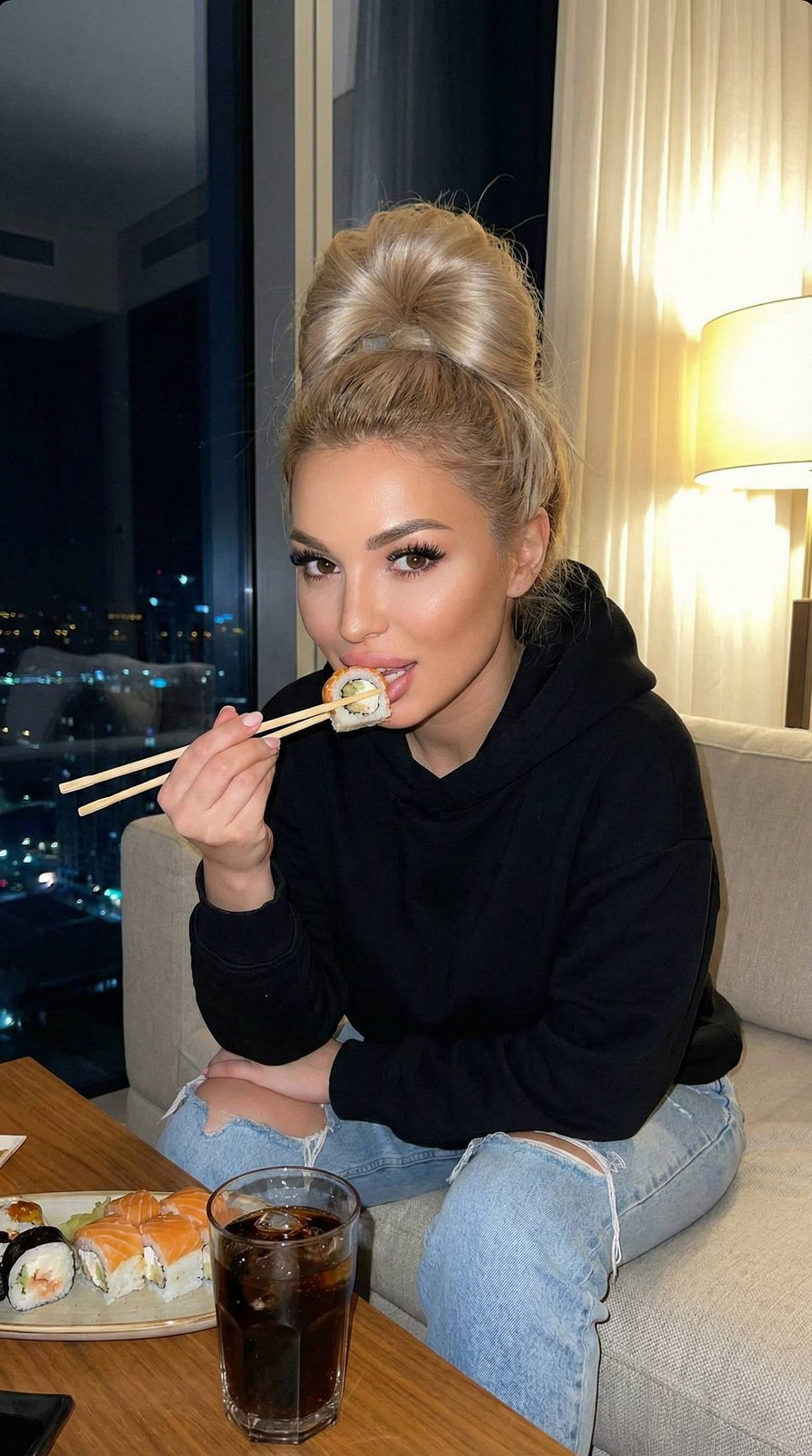 Realistic Girl Messy Bun Eating Rolls Night
