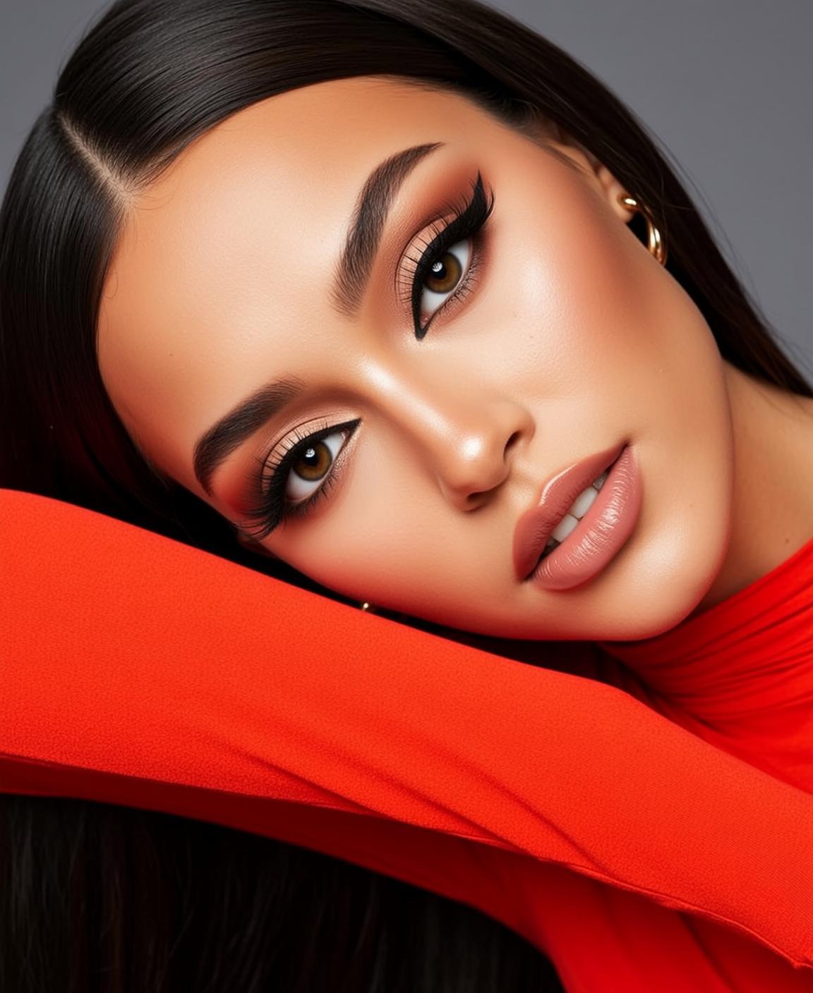 Close-up Portrait Woman With Dark Straight Hair Parted The Side reference photo