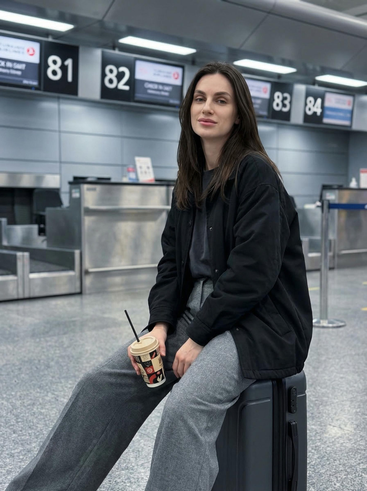 Realistic Airport Check In Woman Sitting Suitcase