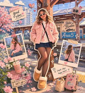 Pink Sherpa Jacket Train Station Scrapbook Collage