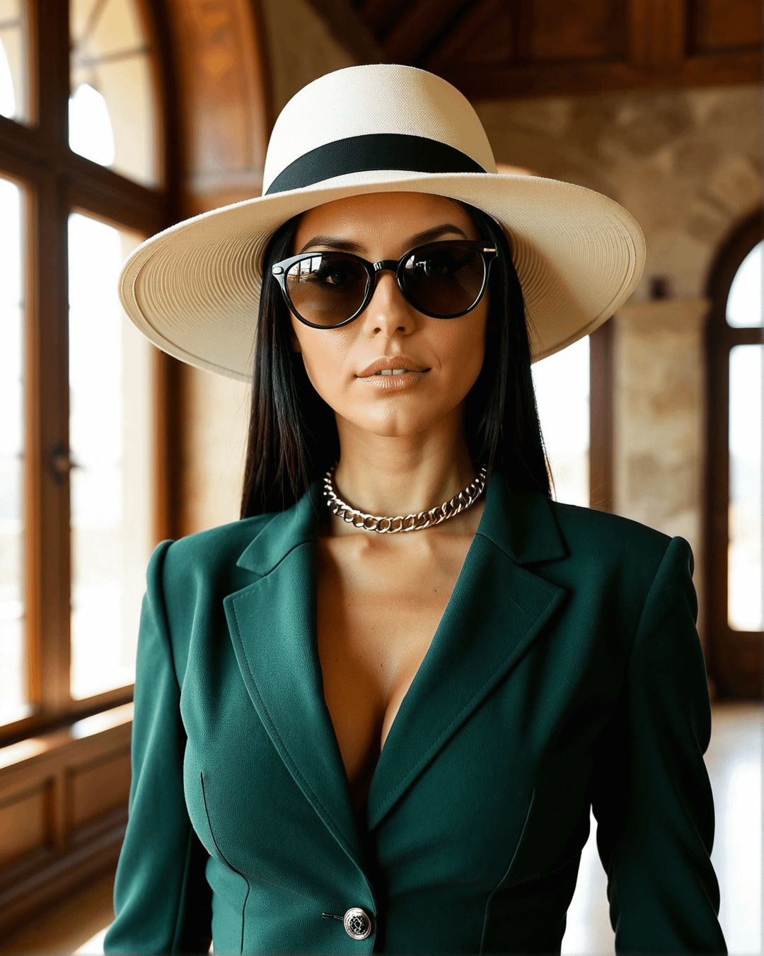 White Wide Brimmed Hat Black Band In Hallway reference photo