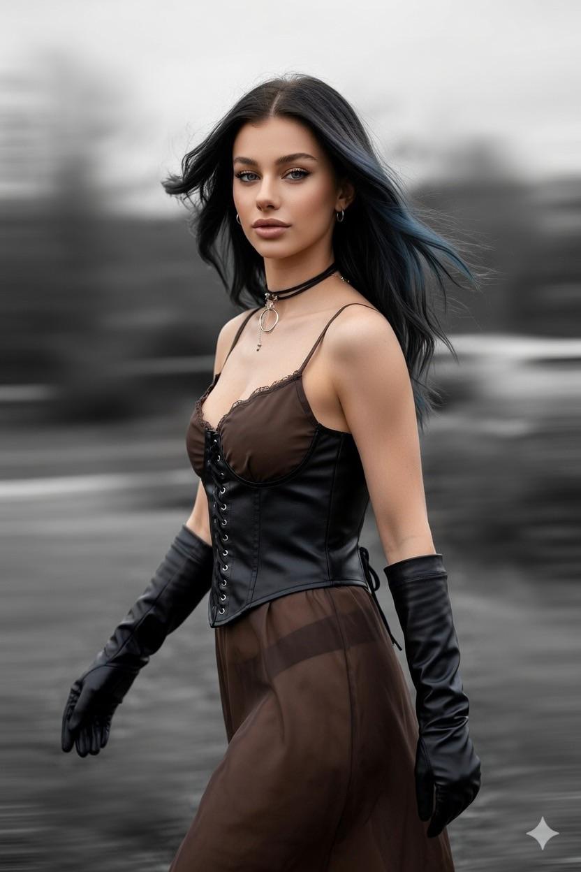 Slim Woman Walking Briskly Across Frame