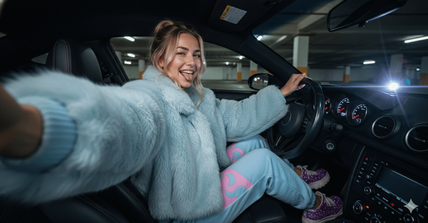 Car Selfie Parking Garage Light Blue Fur Coat