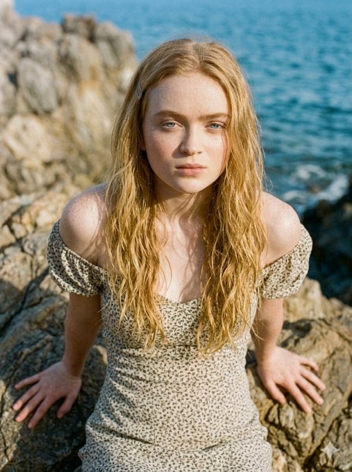 A woman in an off-the-shoulder floral dress seated on rough rocks by the ocean, illuminated by sunlight.