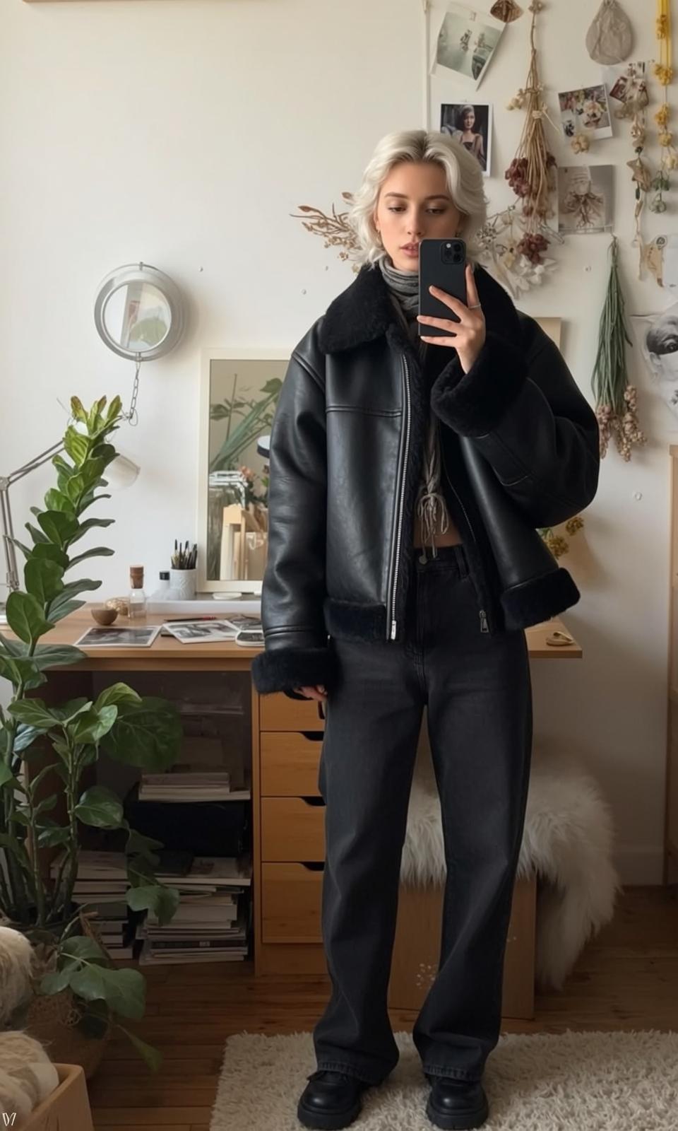 Black Aviator Jacket Turtleneck Selfie reference photo