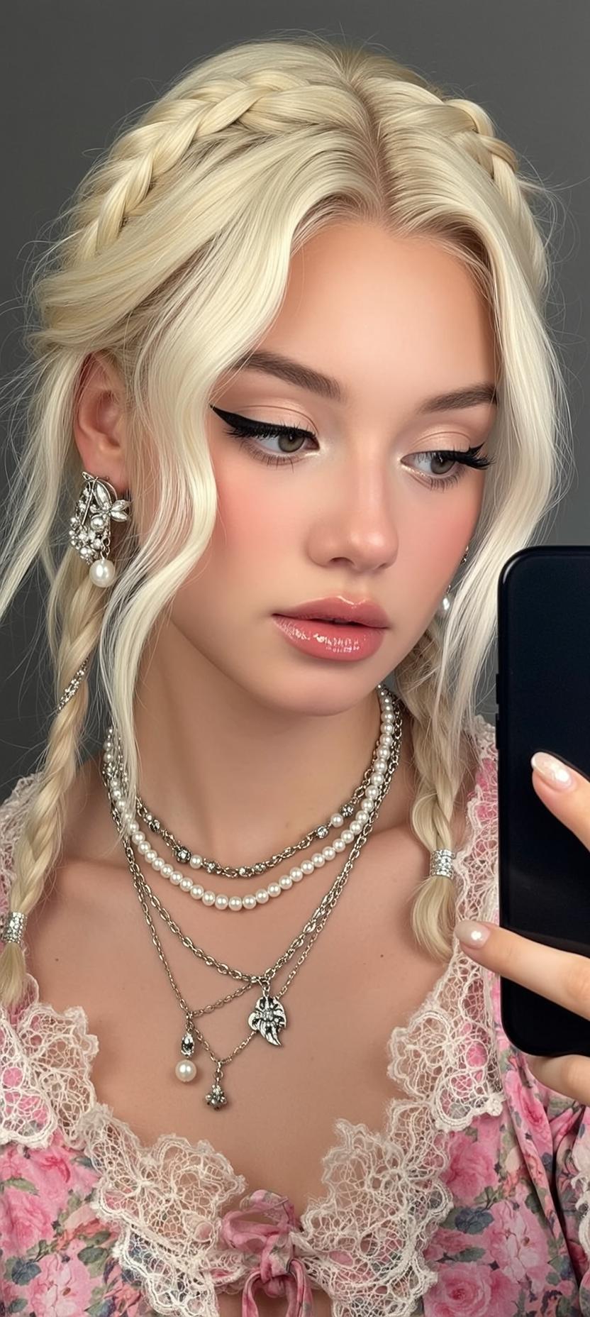 Coquettecore Captured Close-up Holding Black Smartphone Her reference photo