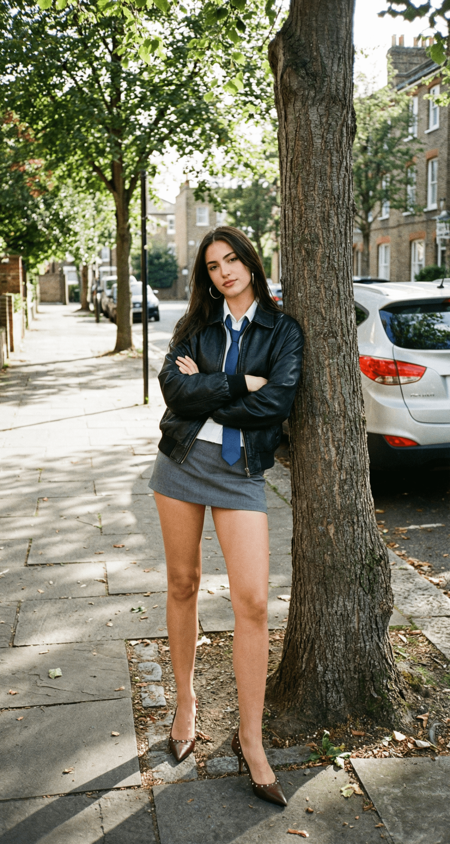 Tree Sidewalk Black Jacket Gray Skirt