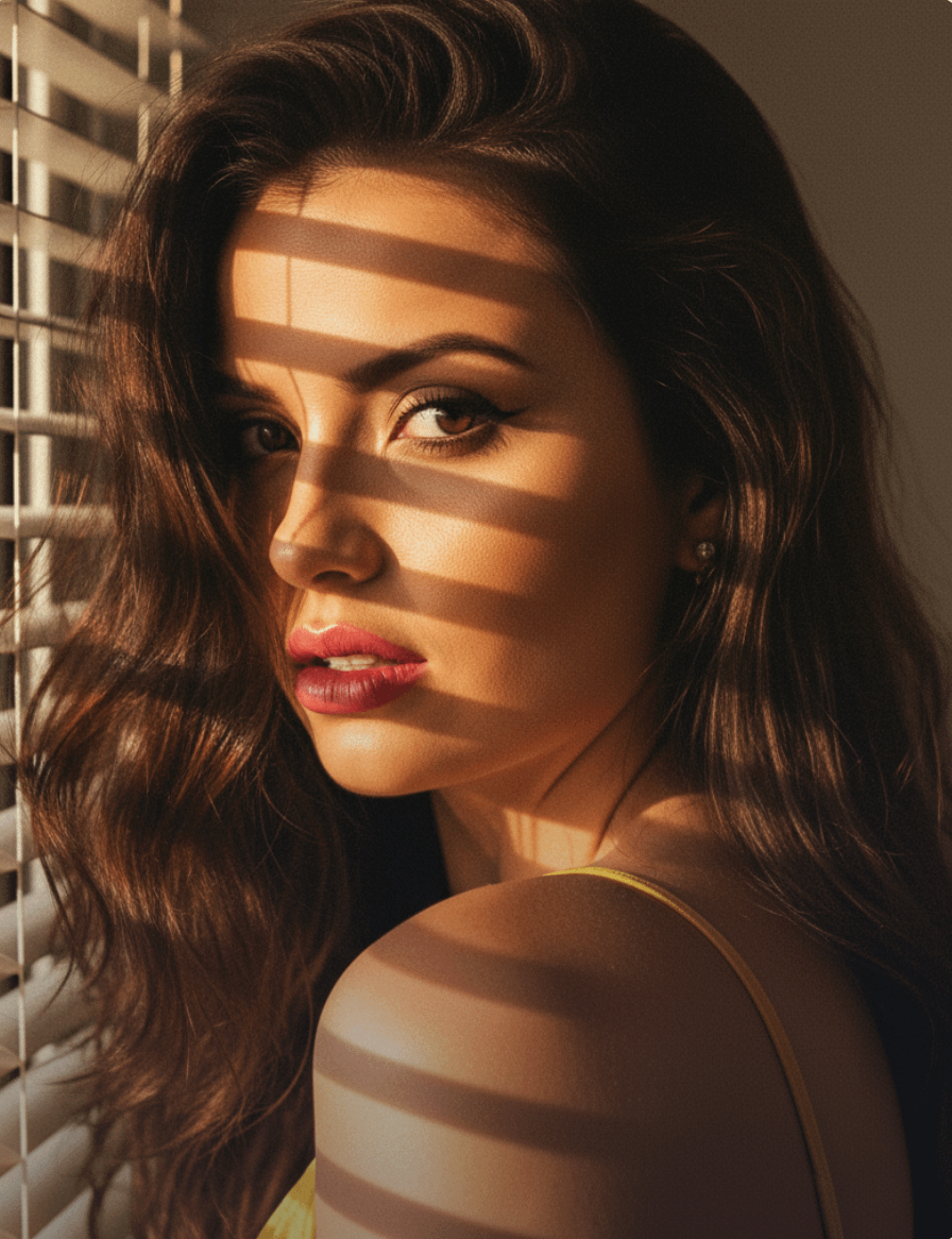 A woman captured in golden hour light, looking over her shoulder with dramatic light stripes across her face.