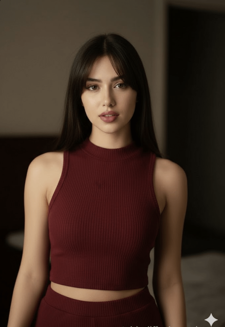 A woman in a deep maroon knit crop top with long hair, neutral expression, softly blurred background, and warm diffused lighting.