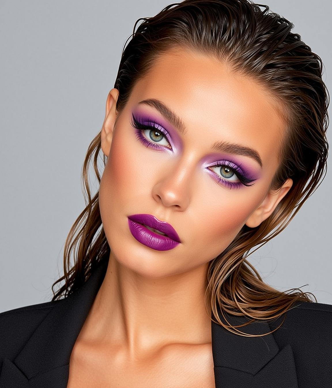 Photorealistic Portrait Young Woman With Striking Purple Eye Makeup Featuring reference photo